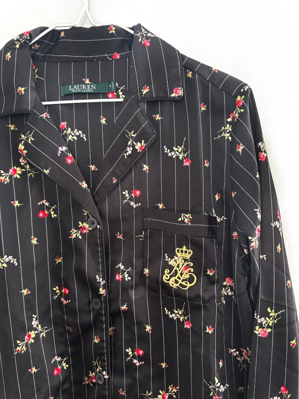 Lauren Ralph Lauren Silky Satin Crest Floral Pinstripe Pajama Set Size Small - Picture 2 of 9